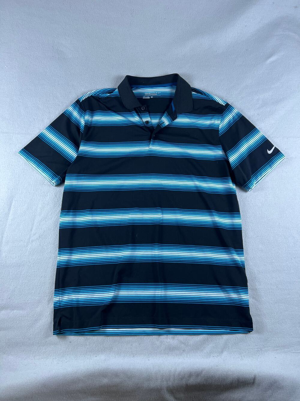 Nike Golf Polo Shirt Mens L Black Blue Striped Dri-Fit Tour Performance Sports